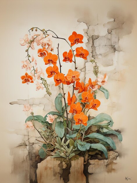 there is a painting of a vase with orange flowers in it generative ai