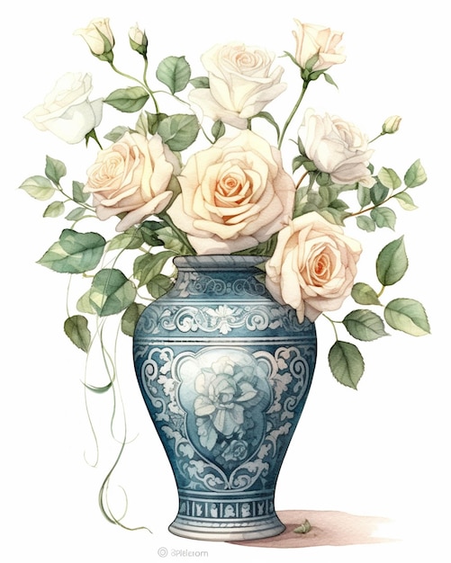 There is a painting of a vase with white roses in it generative ai