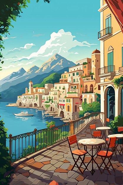 There is a painting of a view of a town by the water generative ai