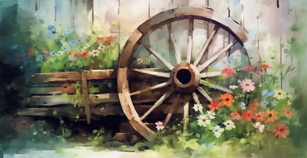 there is a painting of a wagon wheel and flowers in the grass generative ai