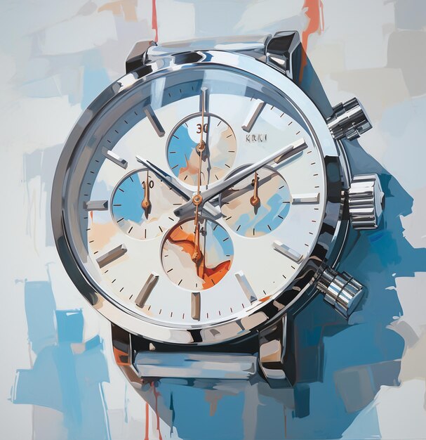 there is a painting of a watch on a wall with a blue background generative ai