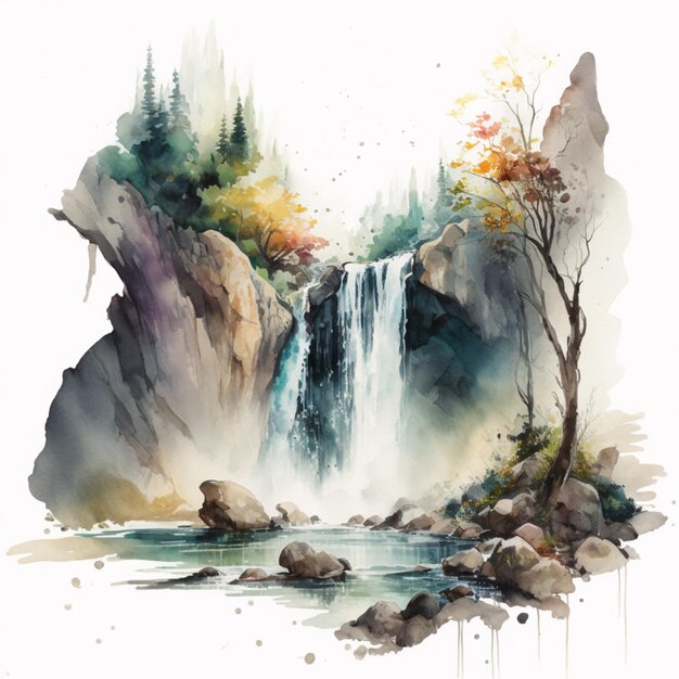 there is a painting of a waterfall with trees and rocks generative ai