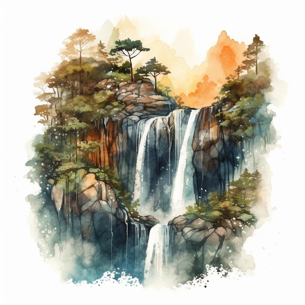 There is a painting of a waterfall with trees on the side generative ai