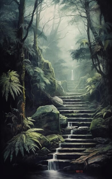 There is a painting of a waterfall in the woods generative ai