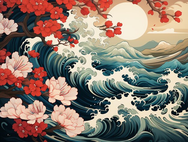 There is a painting of a wave and flowers on the water generative ai