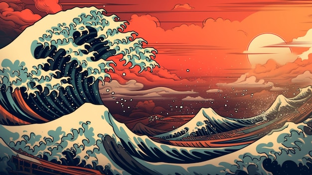 there is a painting of a wave in the ocean with a sun in the background generative ai