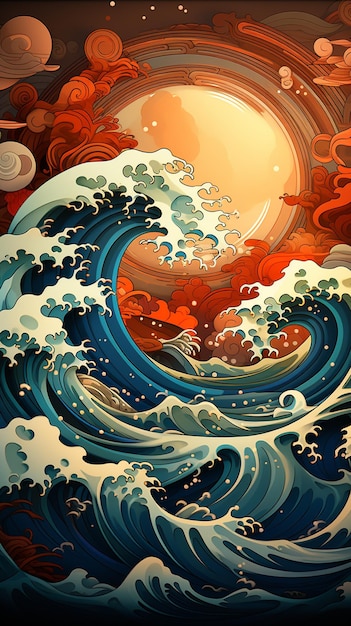 There is a painting of a wave in the ocean with a sun in the background generative ai
