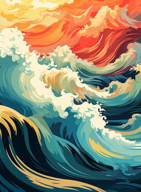 there is a painting of a wave in the ocean with a sunset generative ai