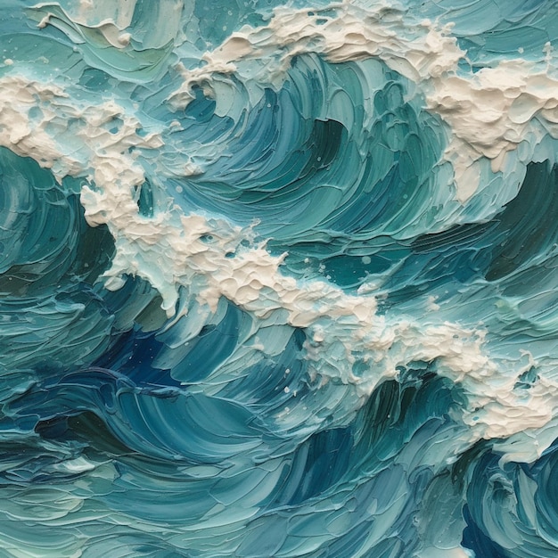 There is a painting of a wave that is made of blue and white paint generative ai