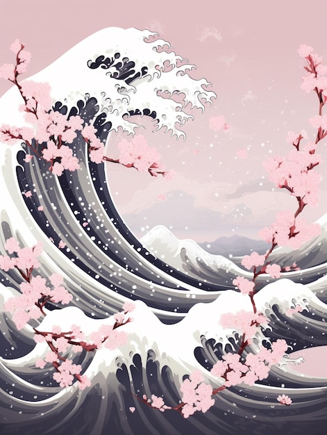 there is a painting of a wave with pink flowers on it generative ai