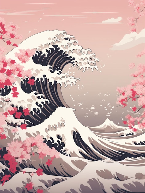 there is a painting of a wave with pink flowers on it generative ai