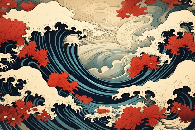 There is a painting of a wave with red flowers on it generative ai