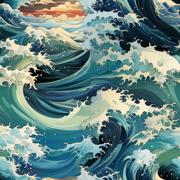 There is a painting of a wave with a sunset in the background generative ai