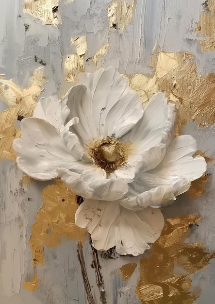 there is a painting of a white flower on a gold leafed background generative ai