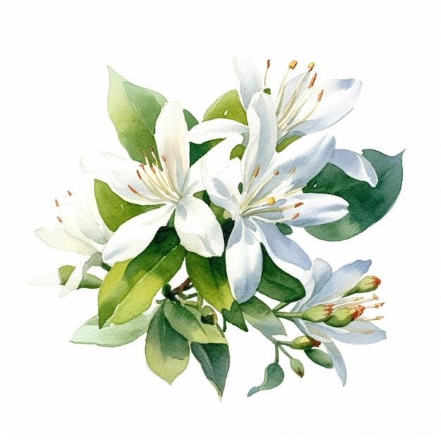 Photo there is a painting of a white flower with green leaves generative ai