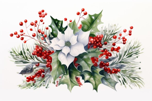 there is a painting of a white poinsettia and red berries generative ai