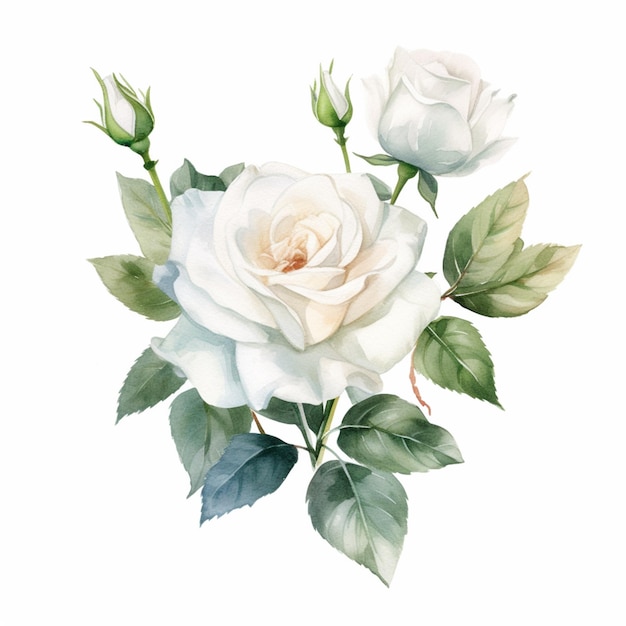 There is a painting of a white rose with green leaves generative ai