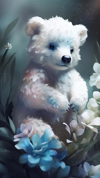 There is a painting of a white teddy bear sitting in a flower garden generative ai