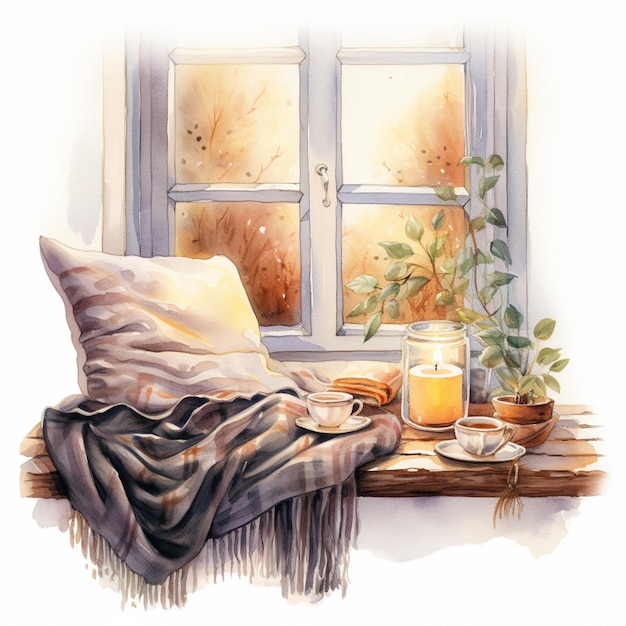 Photo there is a painting of a window sill with a blanket and a candle generative ai