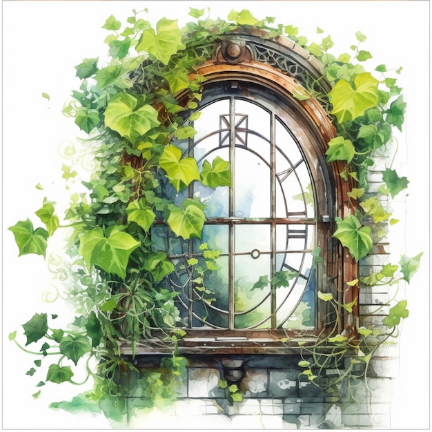 There is a painting of a window with ivys growing around it generative ai