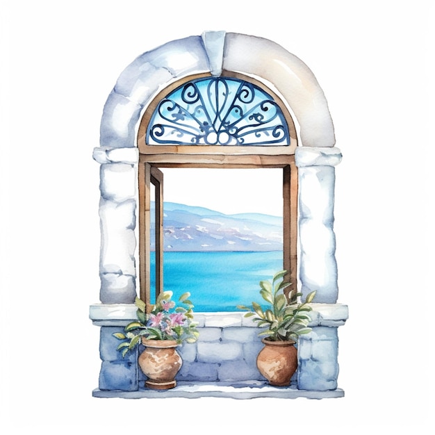 There is a painting of a window with a view of the ocean generative ai