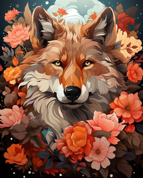 花と葉に囲まれたオオカミの絵が描かれています