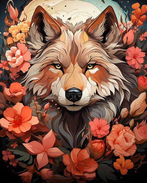 There is a painting of a wolf with flowers around it generative ai