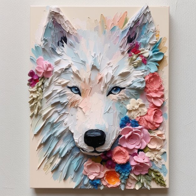 There is a painting of a wolf with flowers on it generative ai