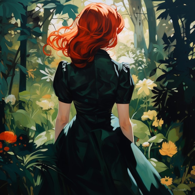 There is a painting of a woman in a black dress walking through a forest generative ai