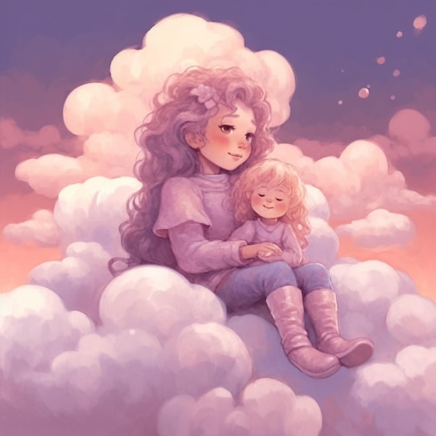 雲の上に座っている女性と子供の絵があります 生成AI