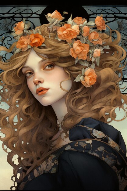 Premium AI Image  Anime girl with long curly hair and flowers in her hair  generative ai