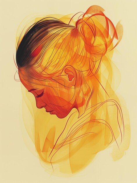 there is a painting of a woman with a ponytail in a yellow background generative ai