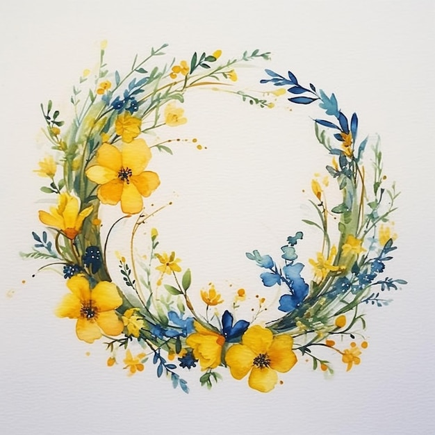 There is a painting of a wreath of yellow flowers and blue leaves generative ai