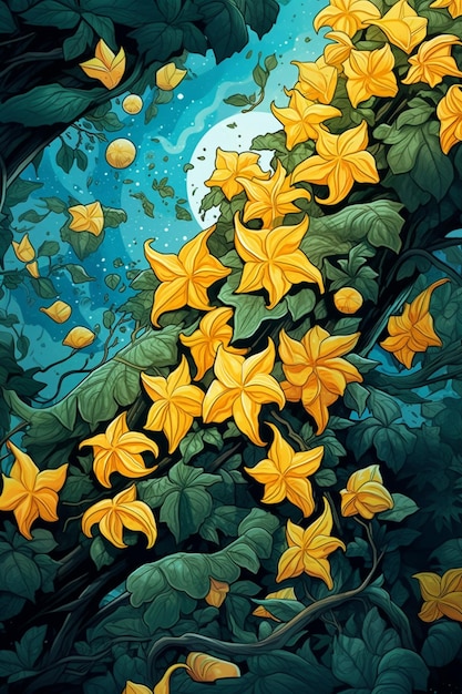 there is a painting of yellow flowers on a tree generative ai