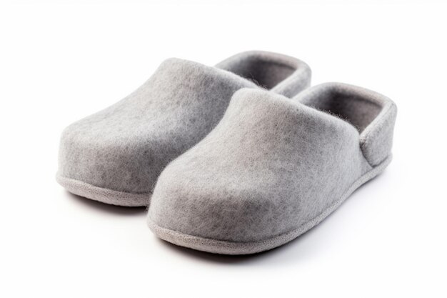 There is a pair of gray slippers on a white surface generative ai