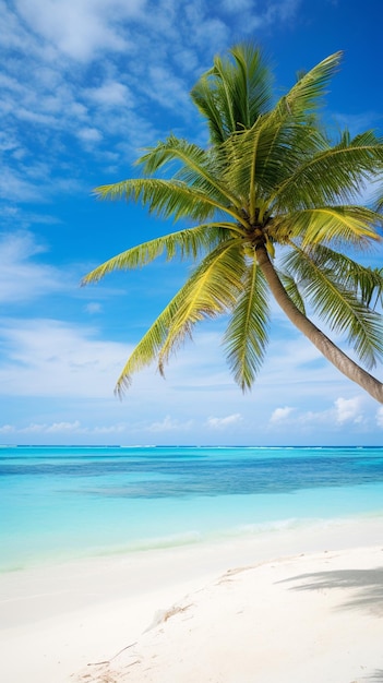 There is a palm tree on the beach with a blue sky generative ai