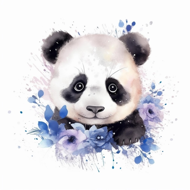 There is a panda bear with blue flowers on its head generative ai