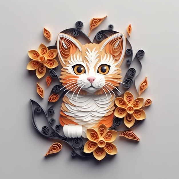 There is a paper art of a cat with flowers on it generative ai
