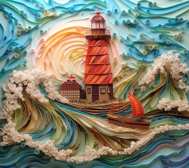 There is a paper art of a lighthouse on a wave generative ai
