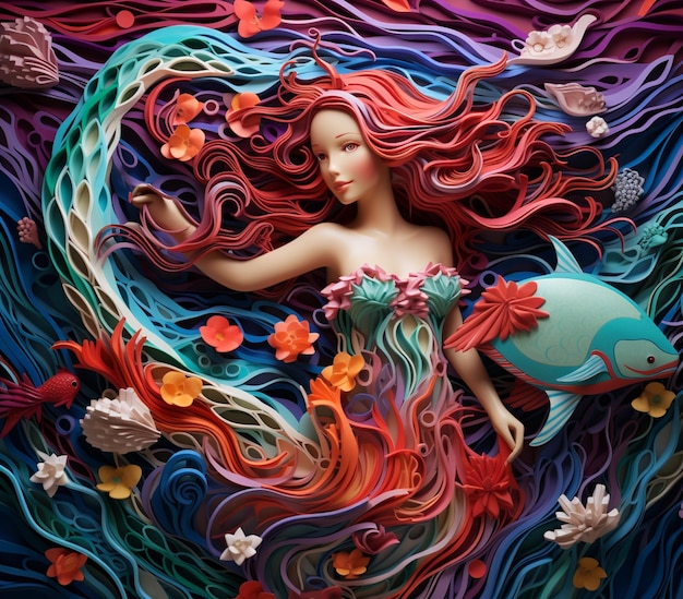 there is a paper art of a mermaid with a fish generative ai