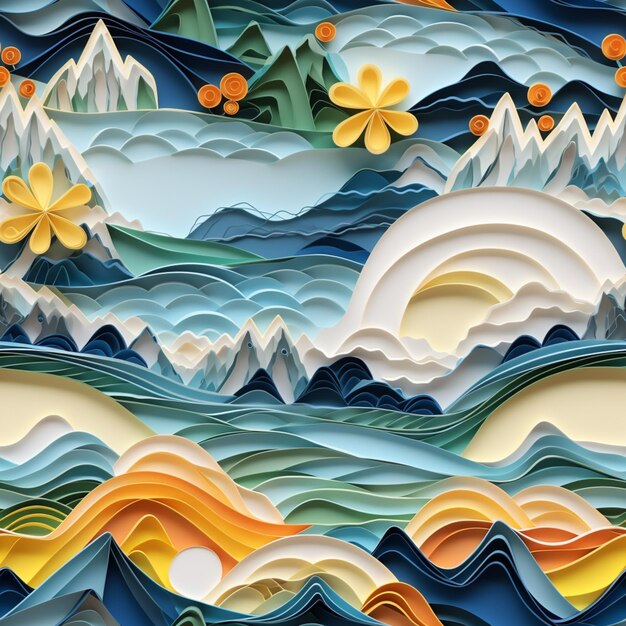 Photo there is a paper art of a mountain and ocean scene generative ai