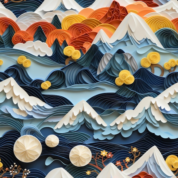 Photo there is a paper art of a mountain and ocean scene generative ai