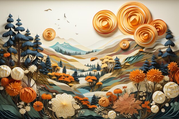 There is a paper art of a mountain scene with trees and flowers generative ai