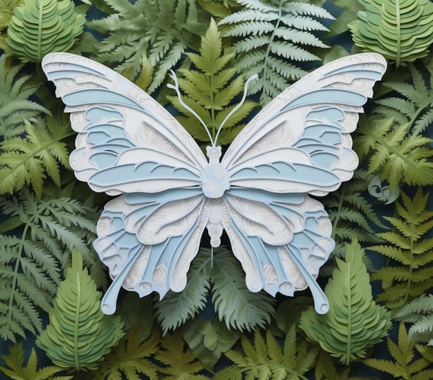 There is a paper butterfly sitting on a fern leaf generative ai