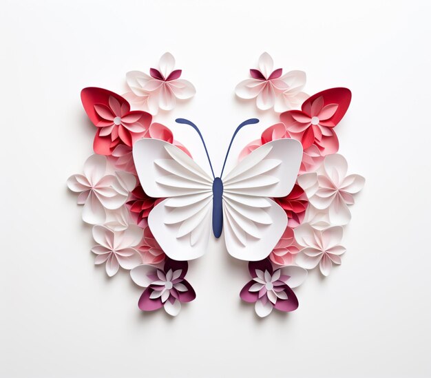 There is a paper butterfly with pink and white flowers on it generative ai