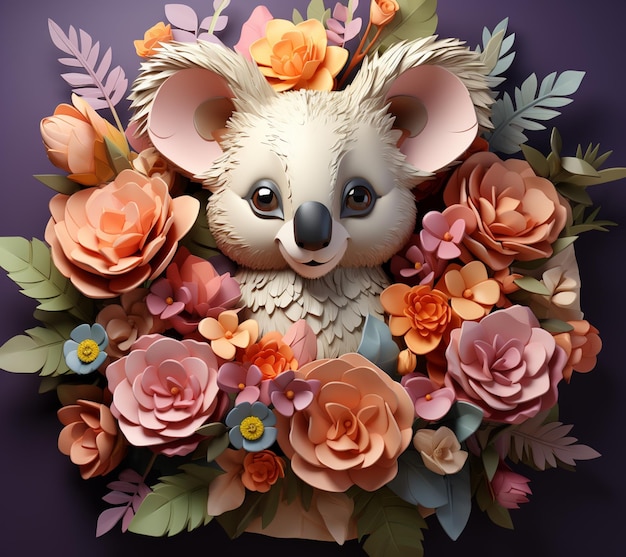 There is a paper cut animal with flowers on a purple background generative ai