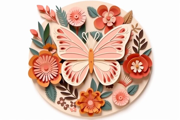 Photo there is a paper cut butterfly on a plate with flowers generative ai