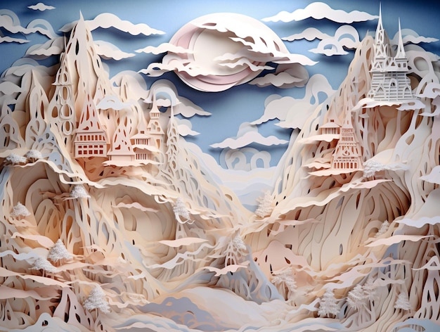 There is a paper cut of a castle in the mountains generative ai