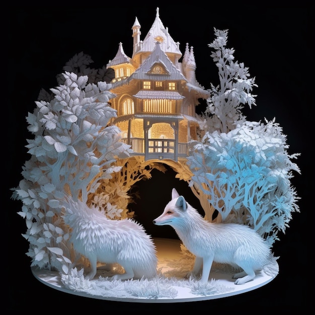 There is a paper cut of a castle with two animals generative ai