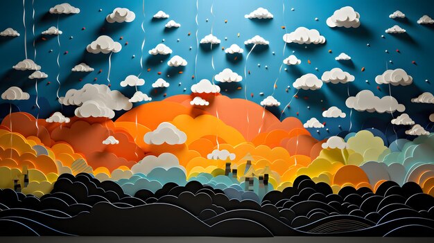 There is a paper cut of a city and clouds in the sky generative ai